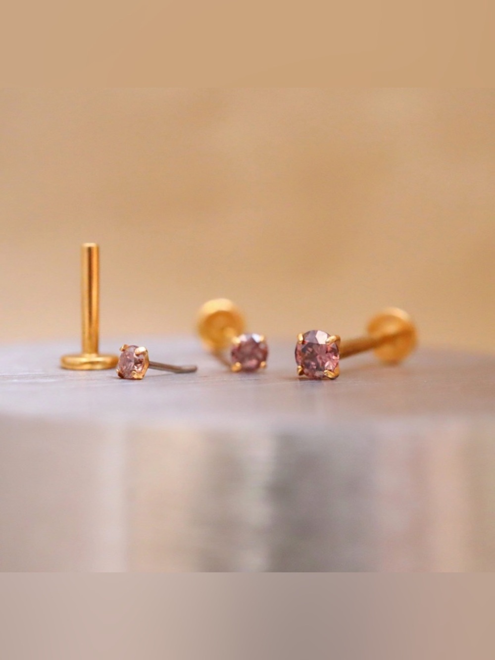 Titanium Umber CZ Threadless Push Pin Labret, Flat Back Earring, Nose Stud